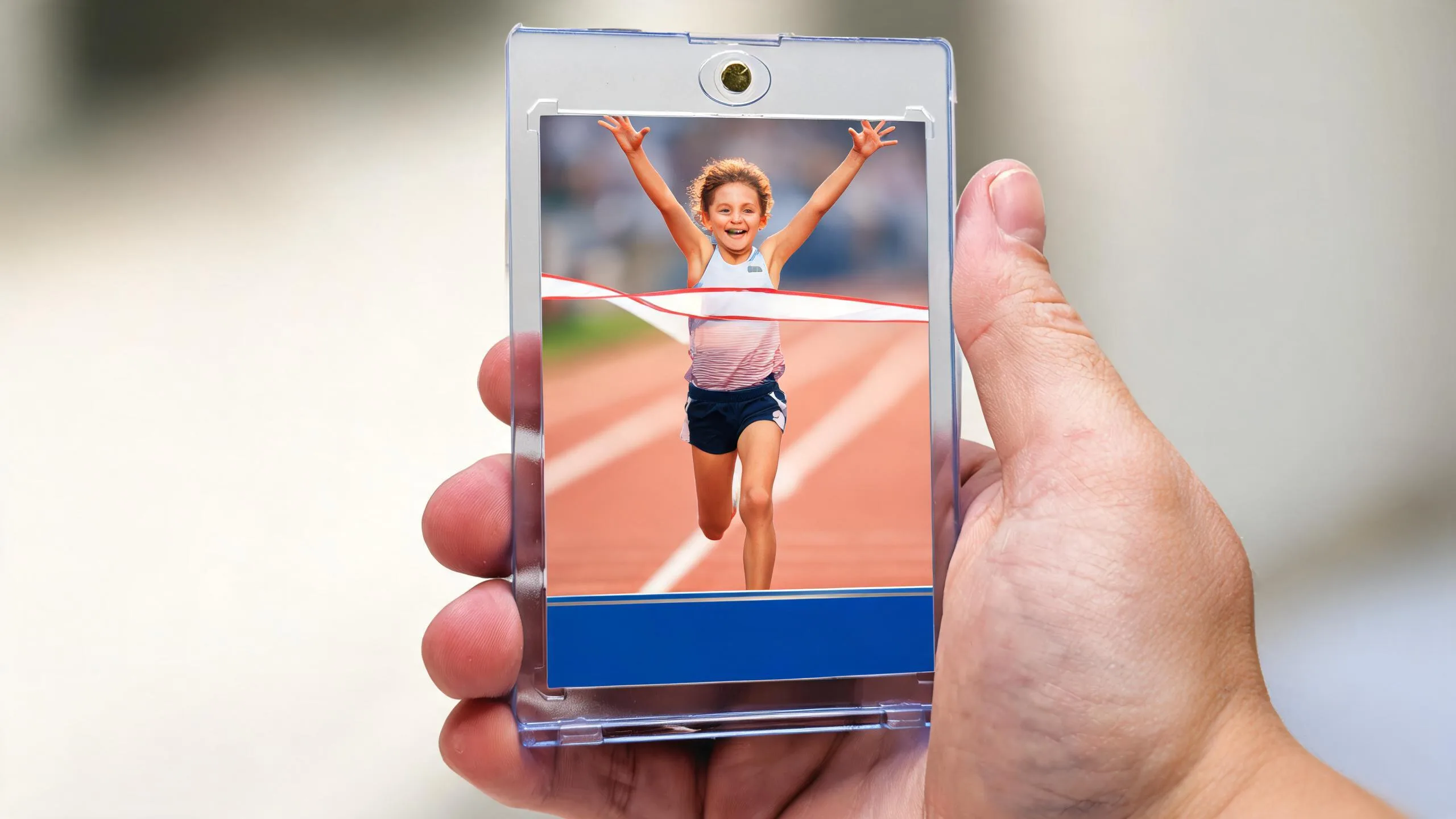 Hand holding magnetic case with young athletes special olympics trading card of a joyful finish-line moment.