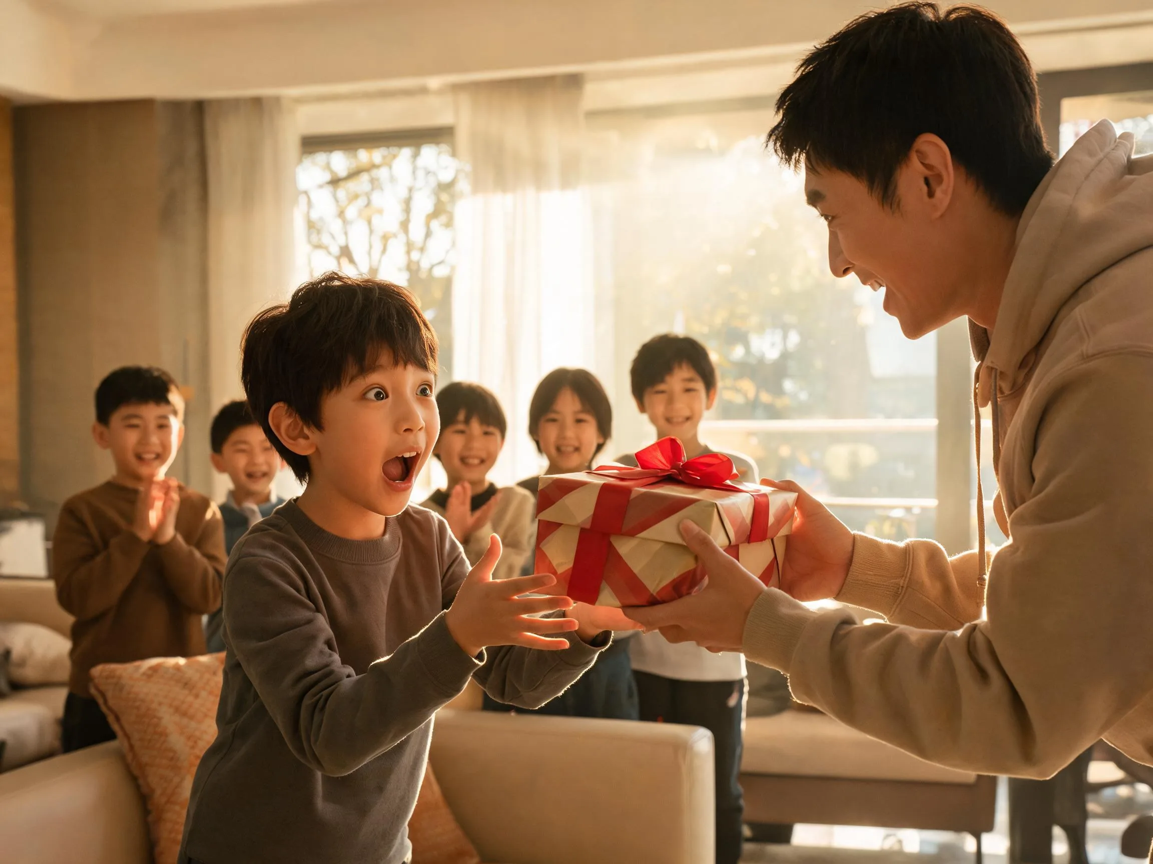 Young child gasping with joyful surprise while being handed an unexpected gift indoors.