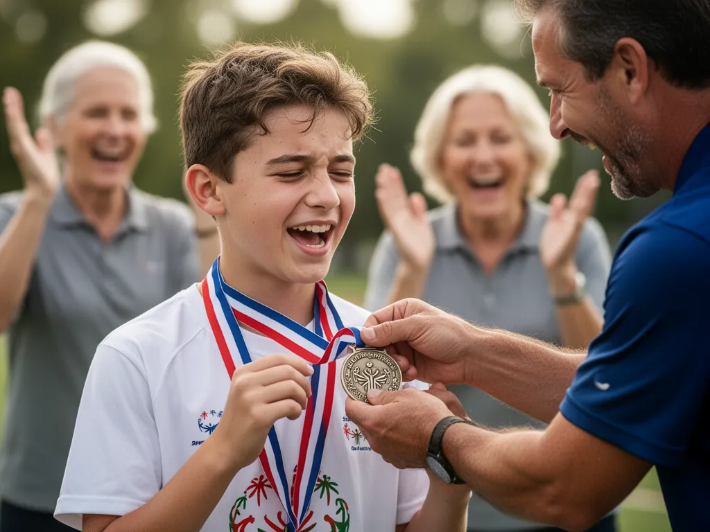 Young athlete beaming while receiving a Special Olympics medal from a proud coach