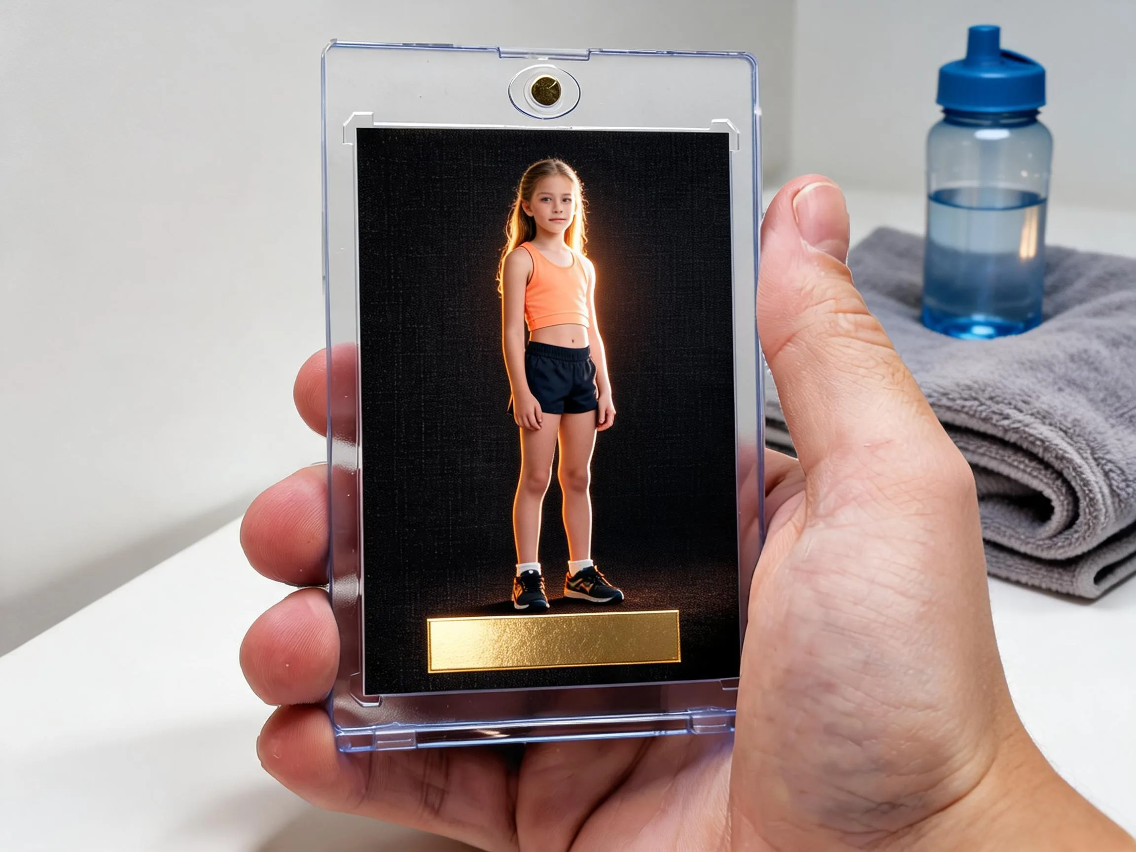 Custom keepsake trading card in a magnetic case showing a young athlete under dramatic dark lighting.