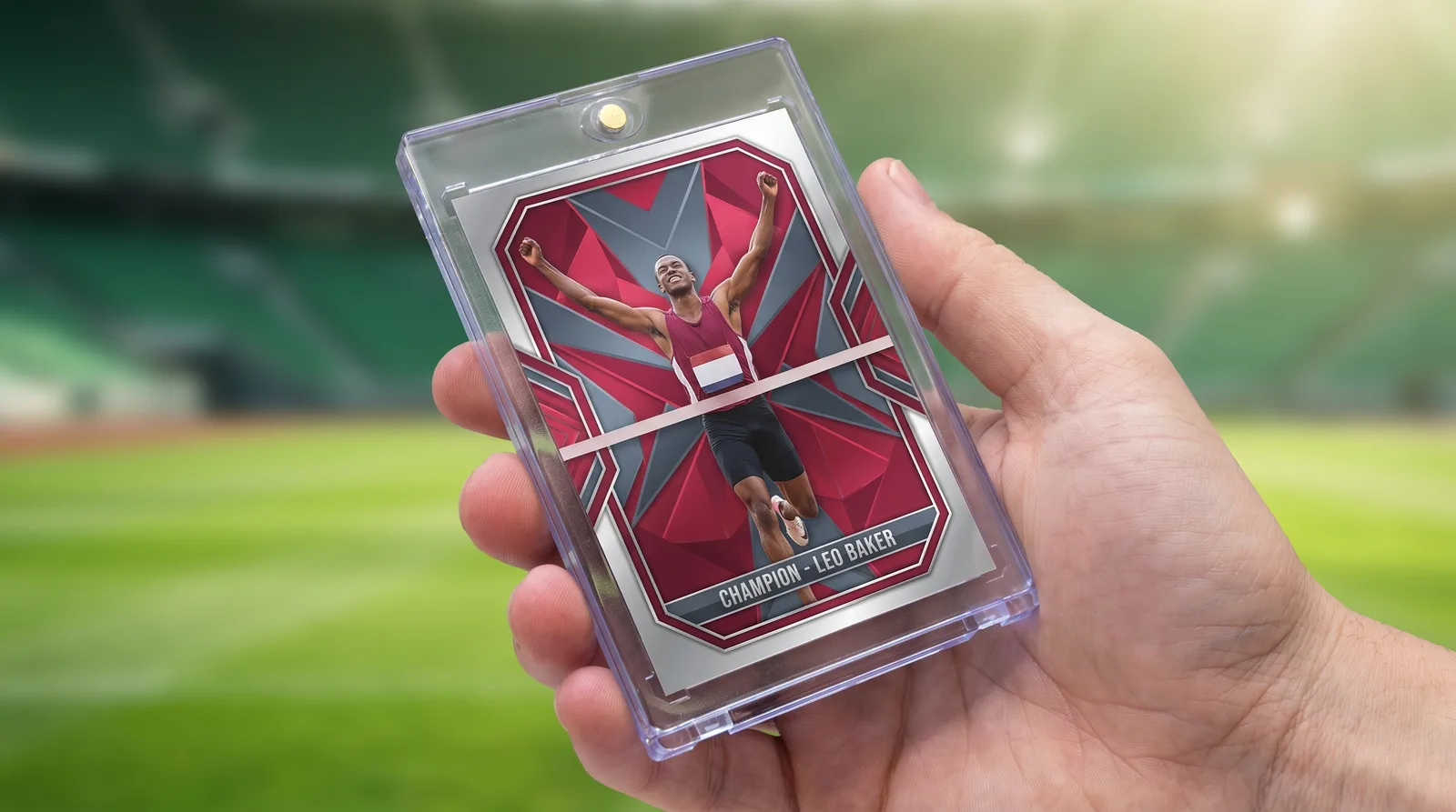 Custom track and field trading card held in its magnetic case in front of a blurred playing field
