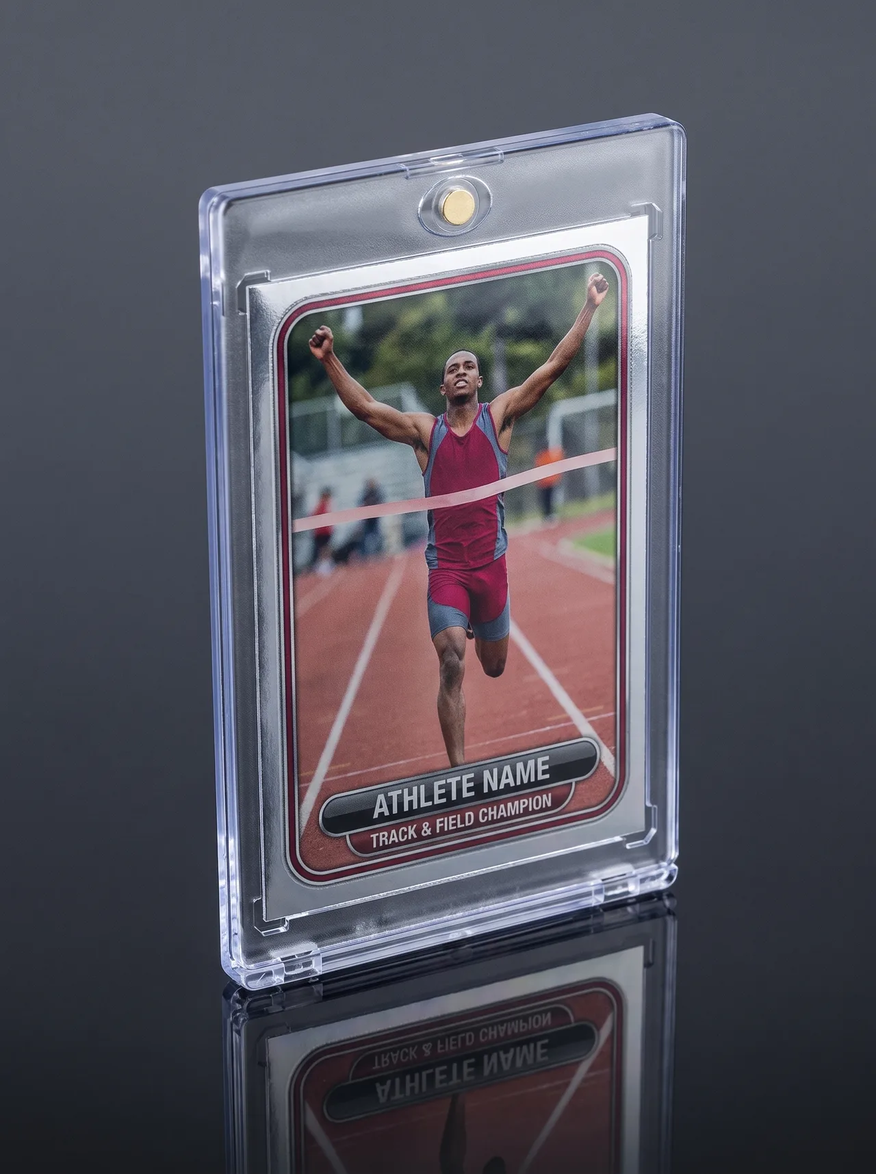Custom track and field trading card standing at an angle on a dark reflective surface