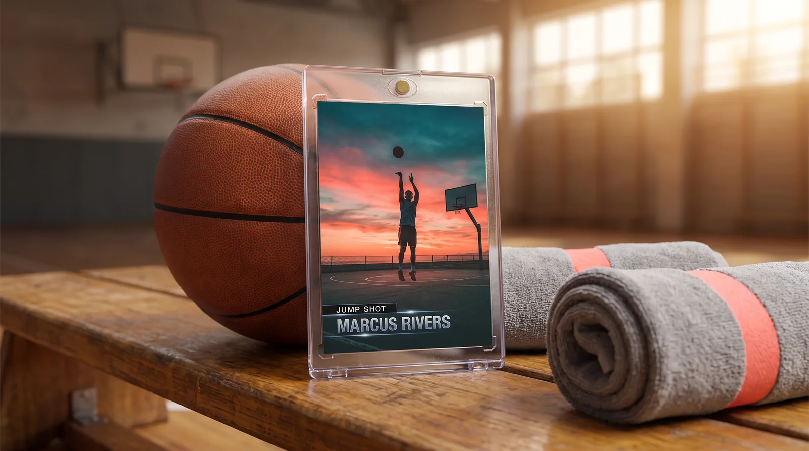 Custom basketball trading card propped in its magnetic case on a gym bench