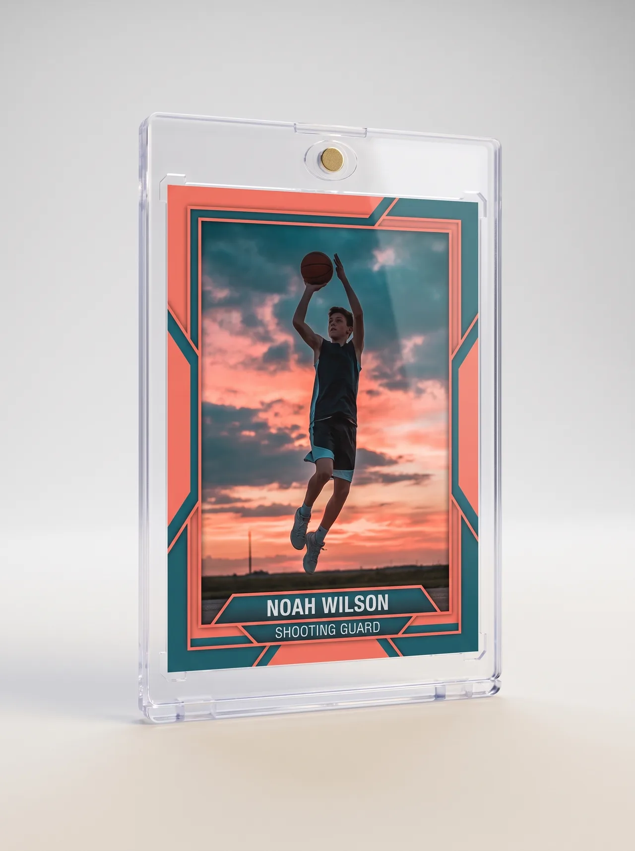 Custom basketball trading card standing upright in a clear magnetic display case