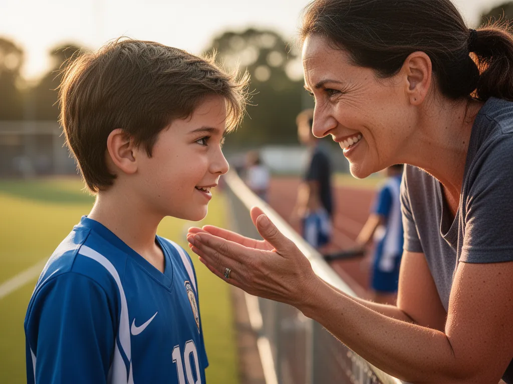 Parent encouraging young athlete during competition with genuine emotional support moment