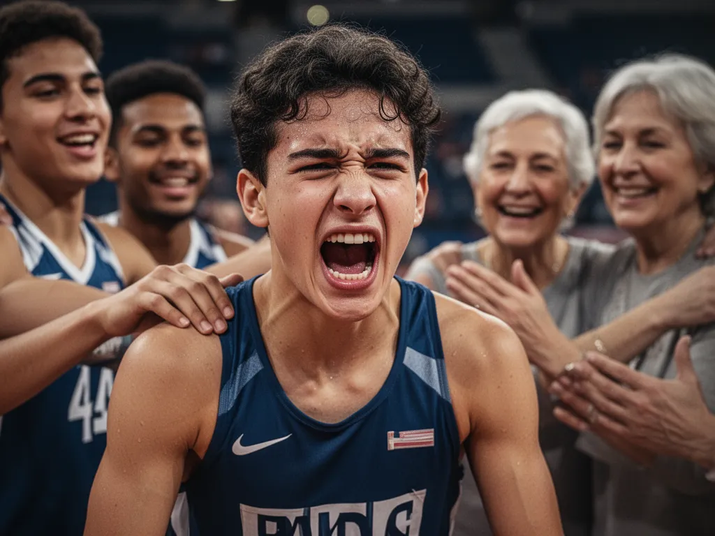 [Young athlete's determined expression during competition with supporting teammates nearby]