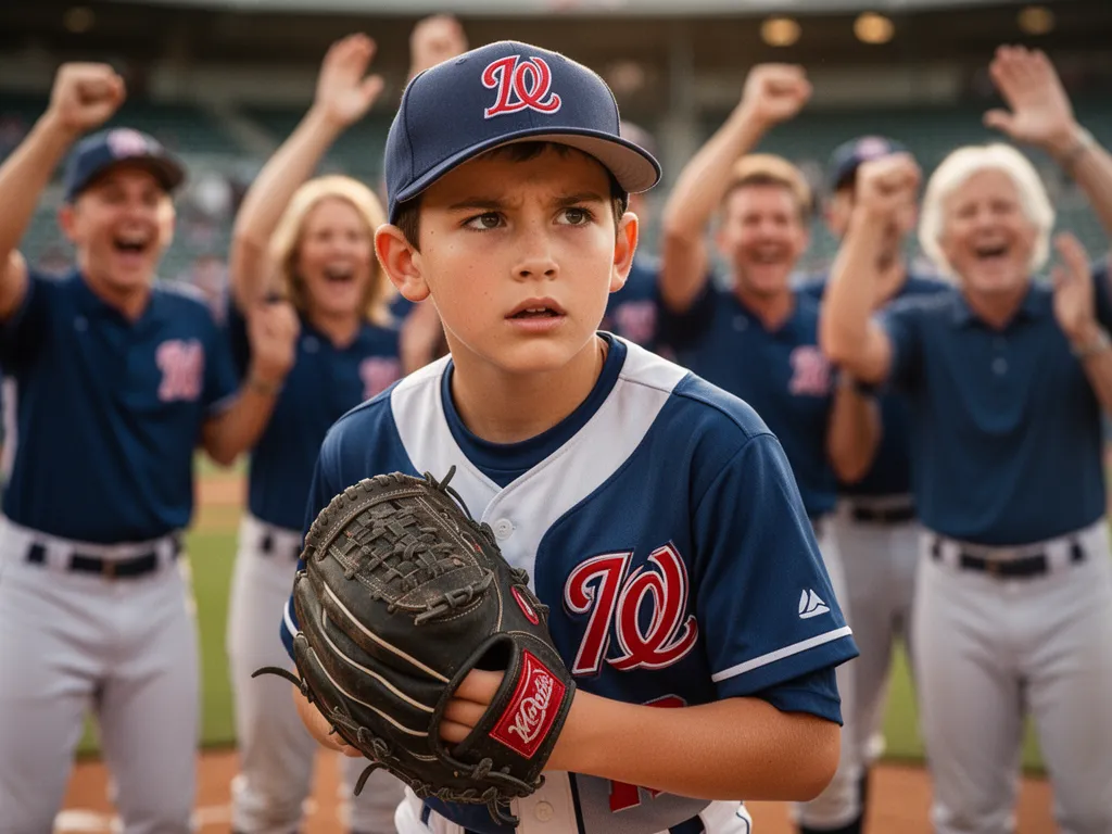 Young baseball player concentrating intently while teammates and parents celebrate supportively in the background