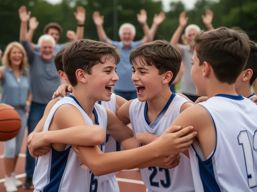 Young basketball teammates celebrating together with parents cheering in the background