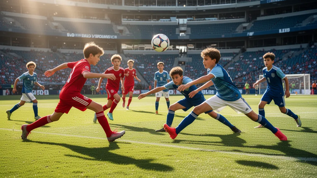 Youth soccer players in dynamic action during competitive match with bright outdoor lighting