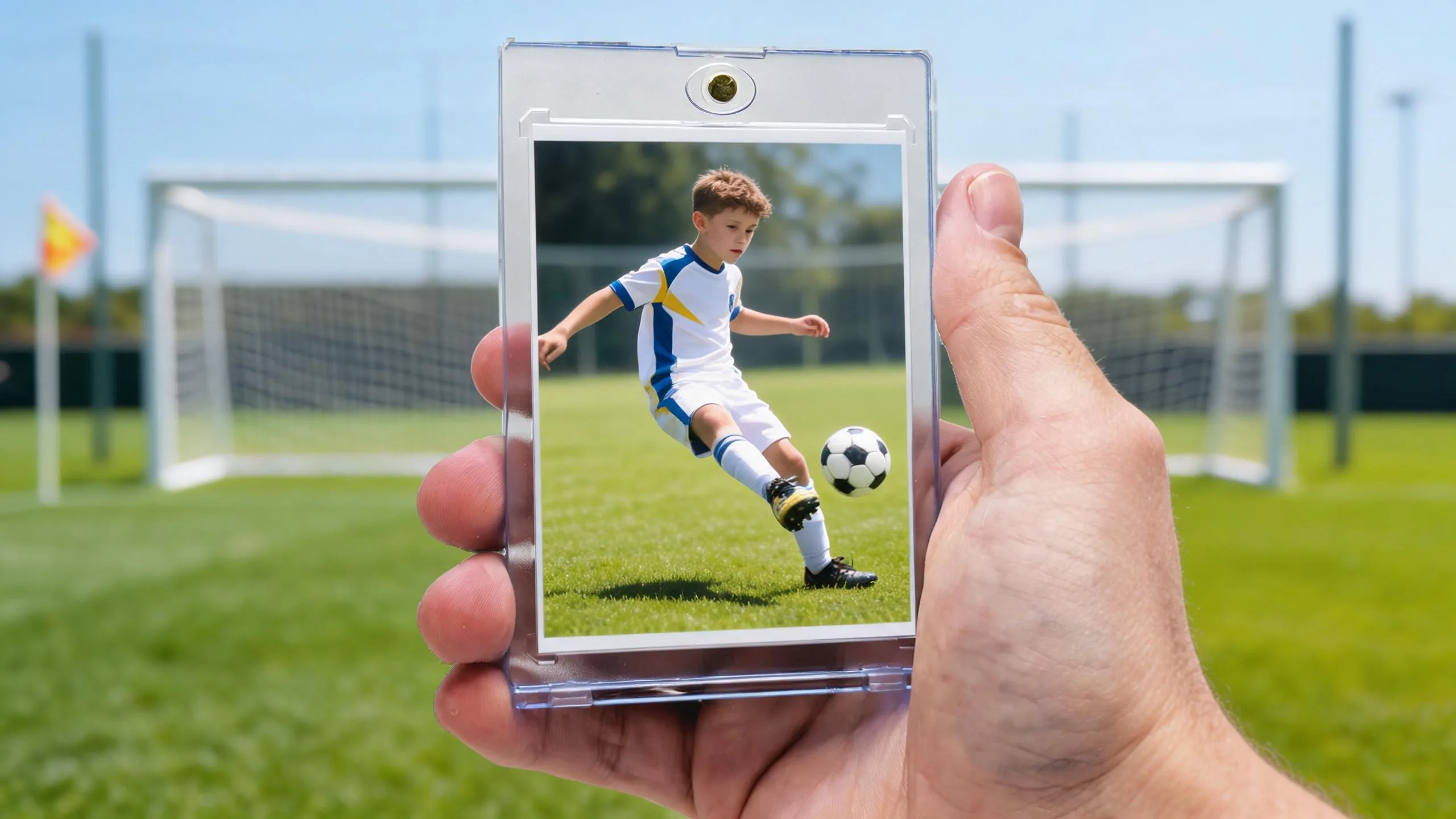 Hand holds magnetic case with soccer card for youth soccer tournaments in Dallas this weekend.