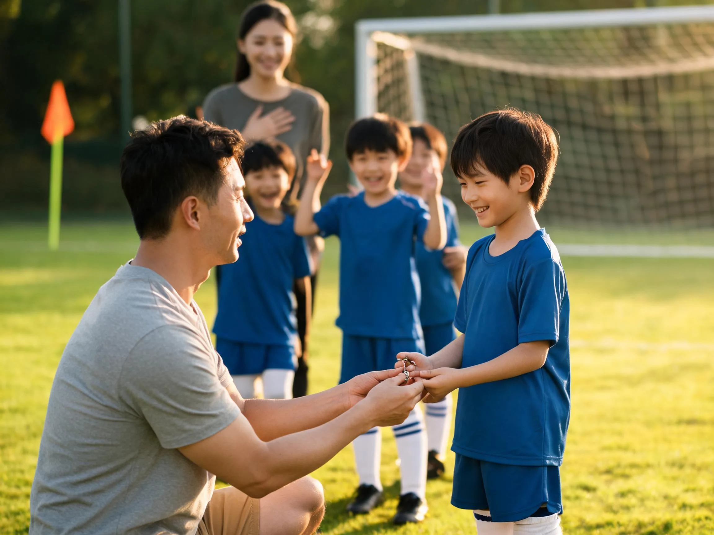 Coach and young soccer player share a proud, emotional moment on sunlit field.