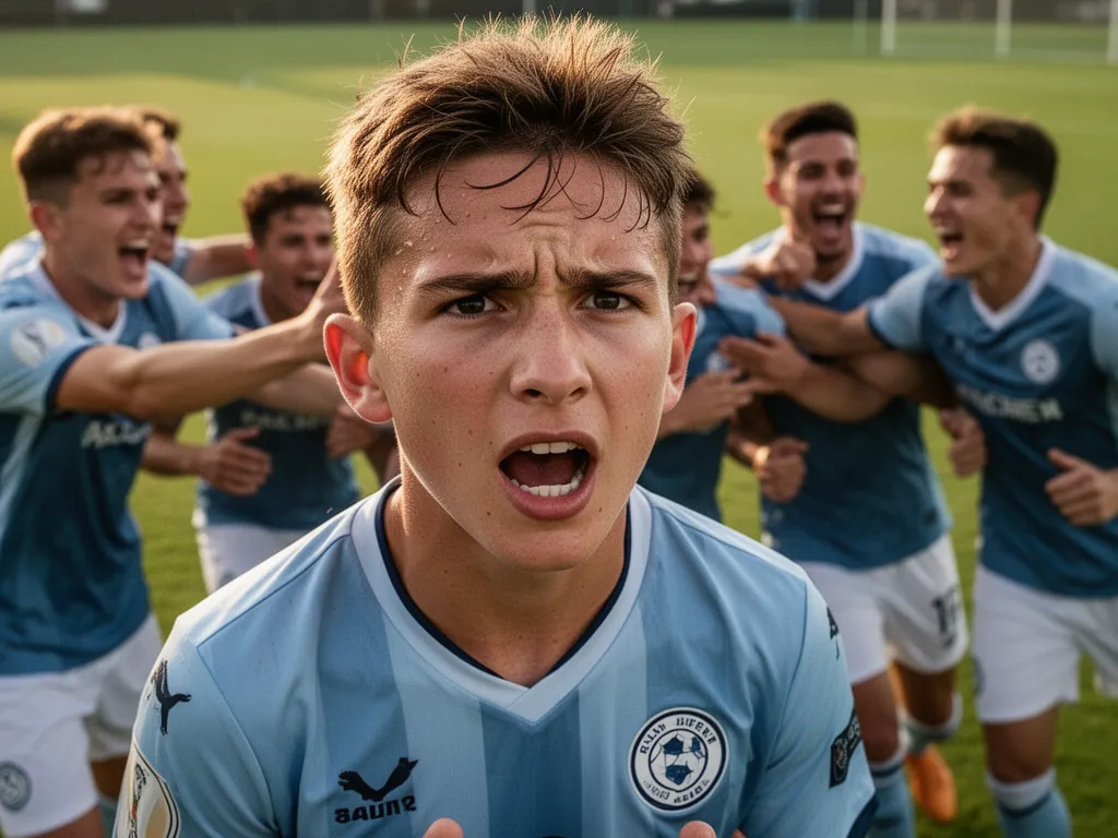 Young soccer player celebrating with teammates after scoring during youth tournament match