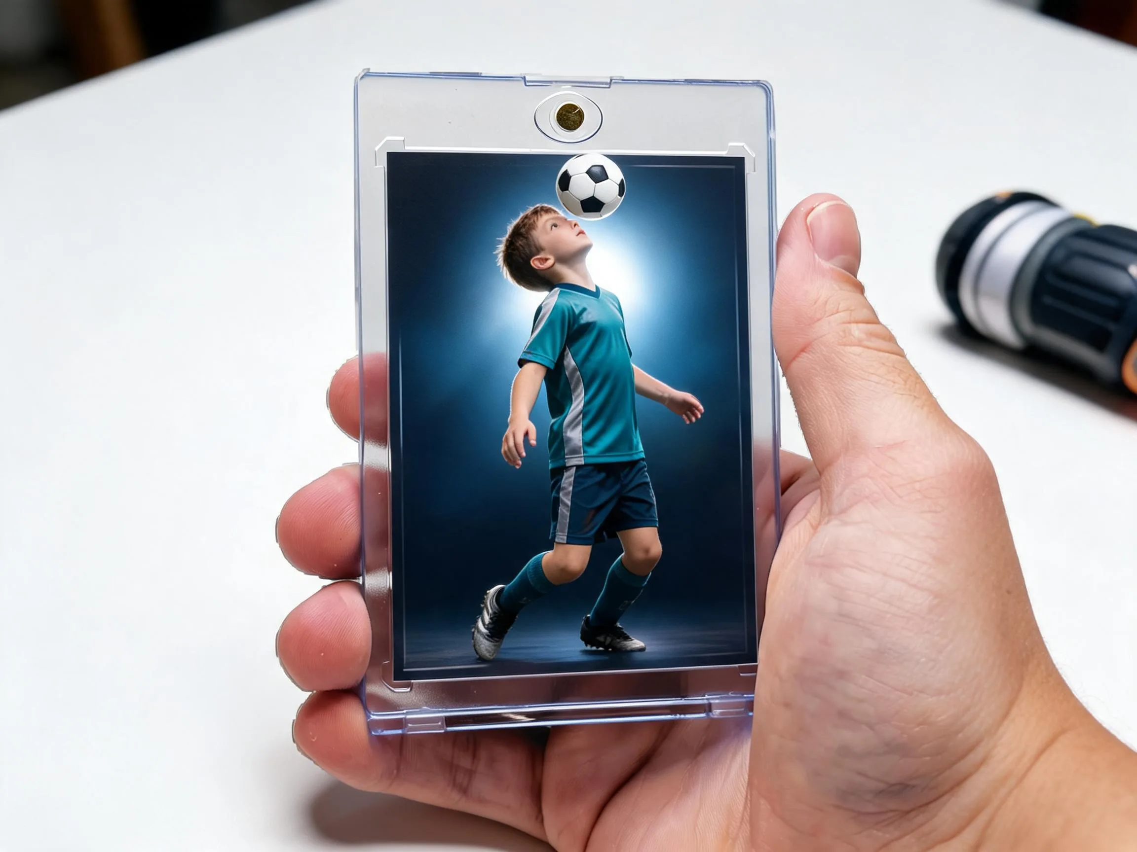 Custom soccer trading card in magnetic case displayed on white tabletop surface.
