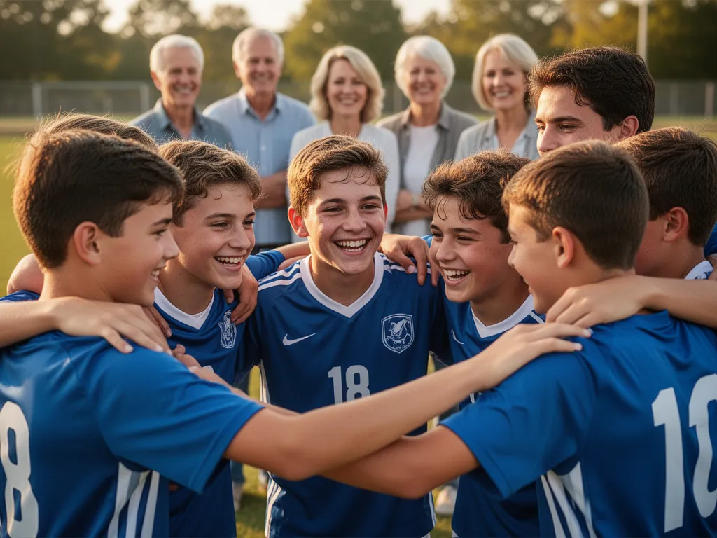 Young athletes celebrating together with genuine smiles while parents watch proudly in the background.