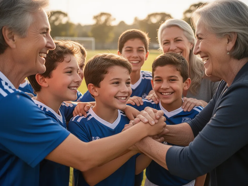 Young athletes embracing with parents and coaches in celebration, displaying joy and community connection from fundraiser event