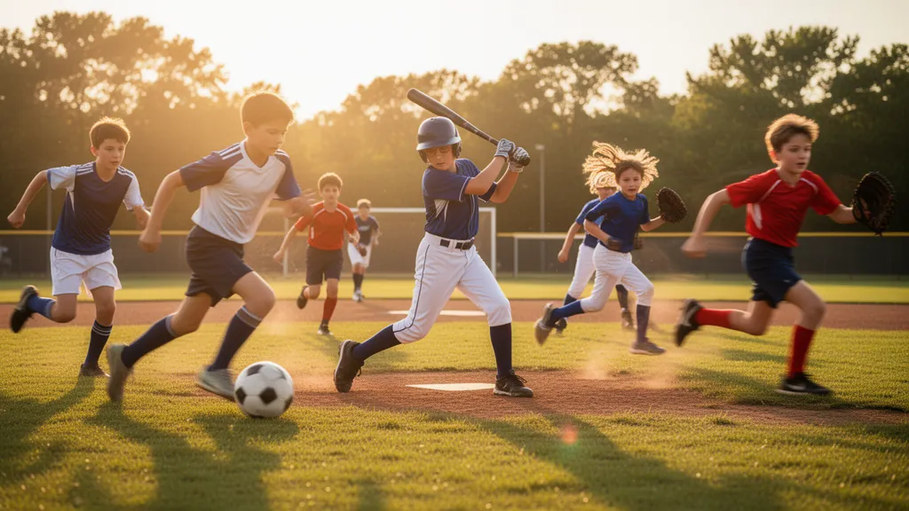 Multiple youth athletes in different sports competing energetically outdoors in natural golden sunlight.