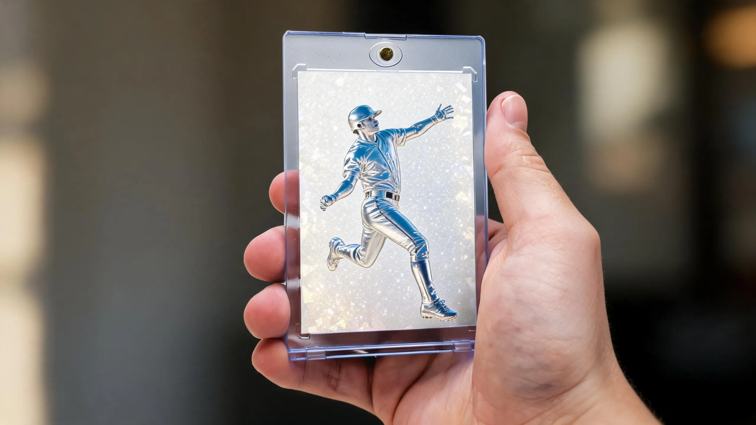 Hand holding magnetic case with silver-blue action card, celebrating youth sports fundraising ideas at a sunlit event.