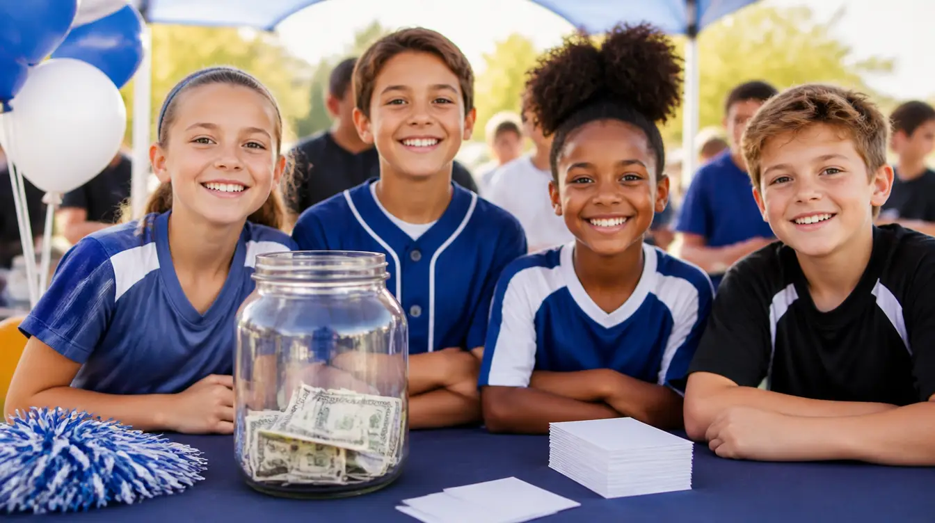 A youth sports fundraiser table with a donation jar and blank cards