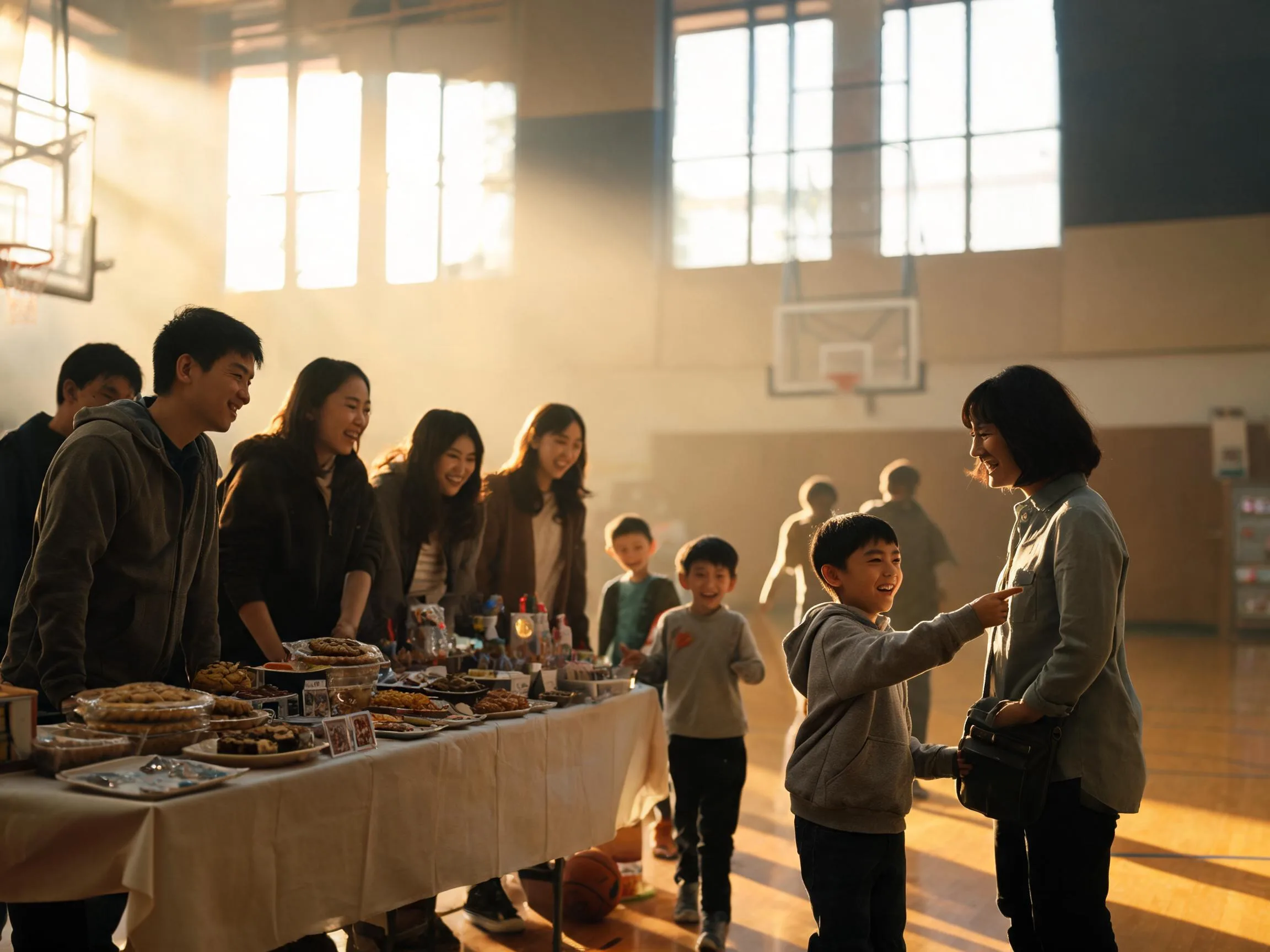 Parents and kids share a joyful moment browsing tables at a school fundraiser event.