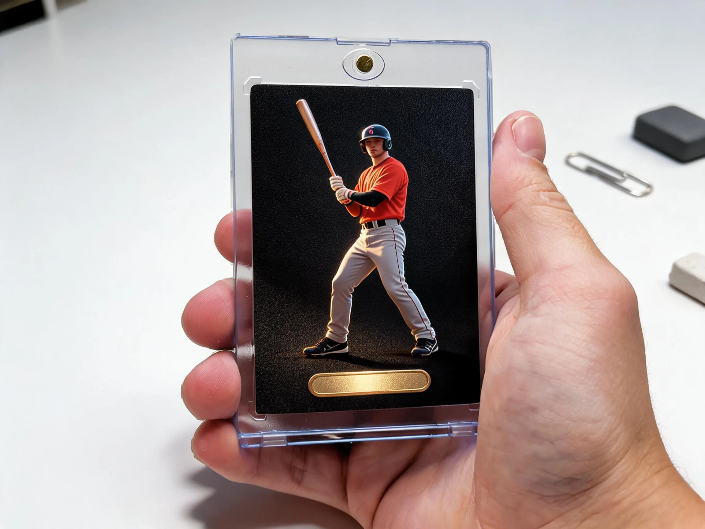 Custom keepsake trading card in magnetic case, dark linen design with gold foil accent tab.