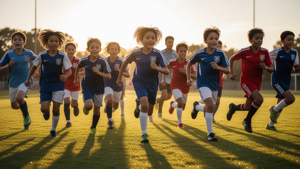 Multiple young athletes from different sports running together outdoors in golden sunlight with dynamic motion and energy.
