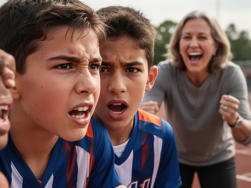 Young athlete's focused expression during competition with supportive parent visible in blurred background showing encouragement.