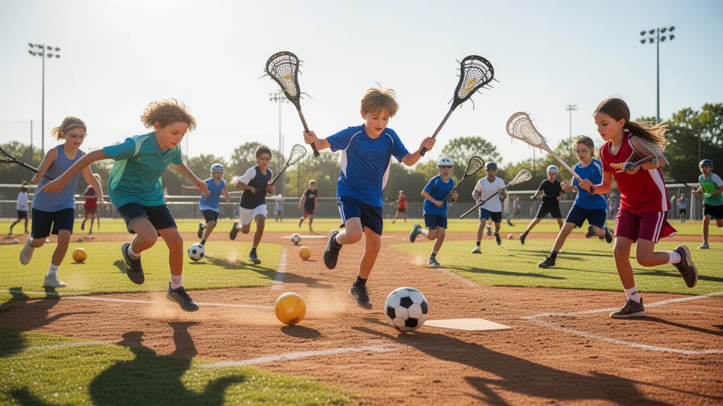 Multiple young athletes in motion playing different sports outdoors during daytime with natural lighting.