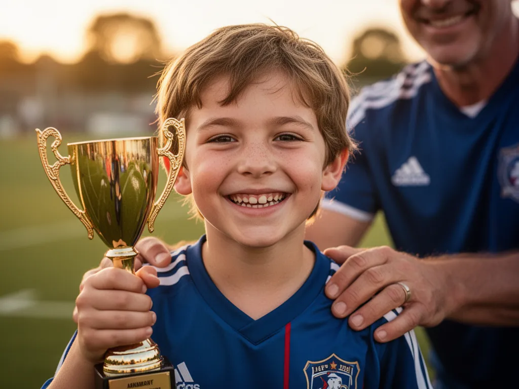 Young athlete smiling proudly while holding trophy with parent's supportive hand visible nearby.