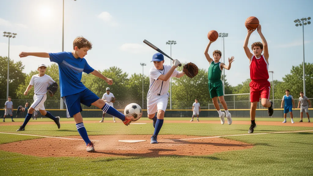 Young athletes in action playing soccer, baseball, and basketball outdoors in bright daylight