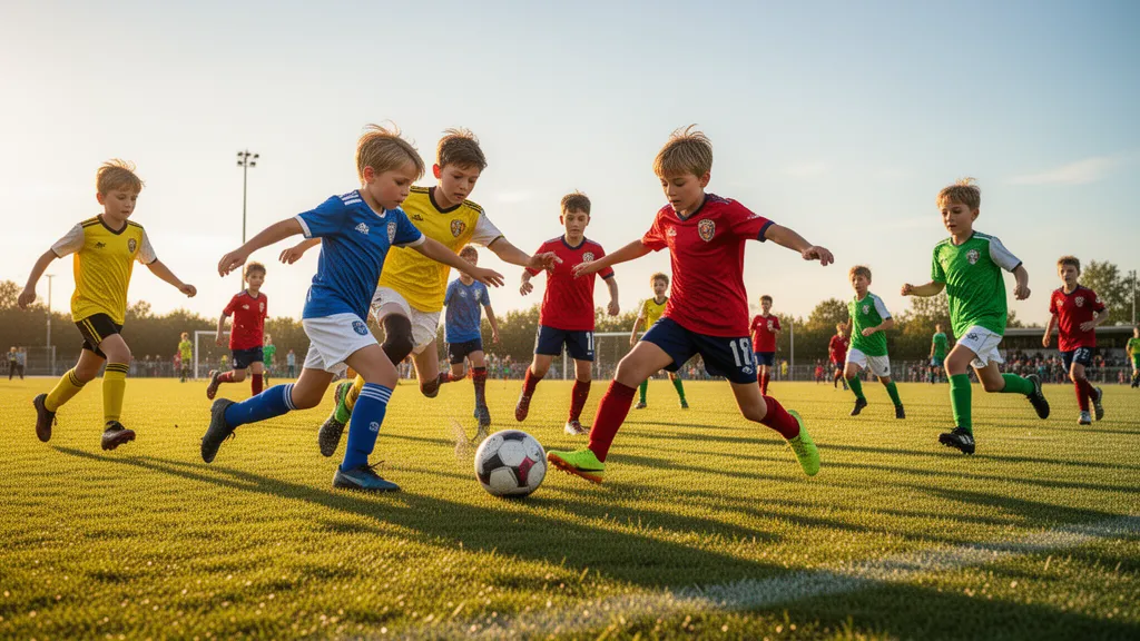Young soccer players in colorful uniforms compete intensely for the ball during an outdoor match in natural sunlight.