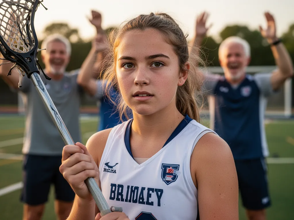 Close-up of determined young lacrosse player with supportive parents blurred in background during outdoor youth game.