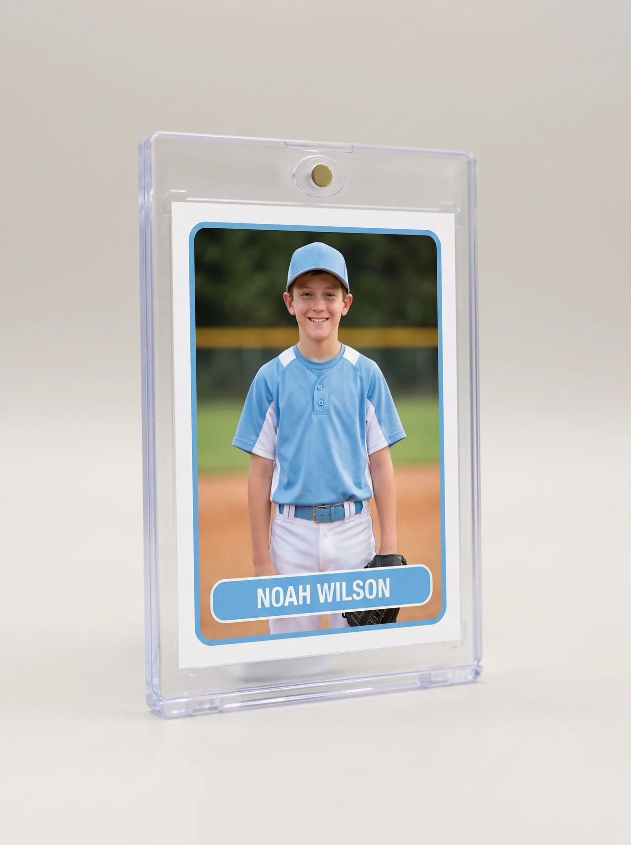 Custom little league baseball trading card standing upright in a clear magnetic display case