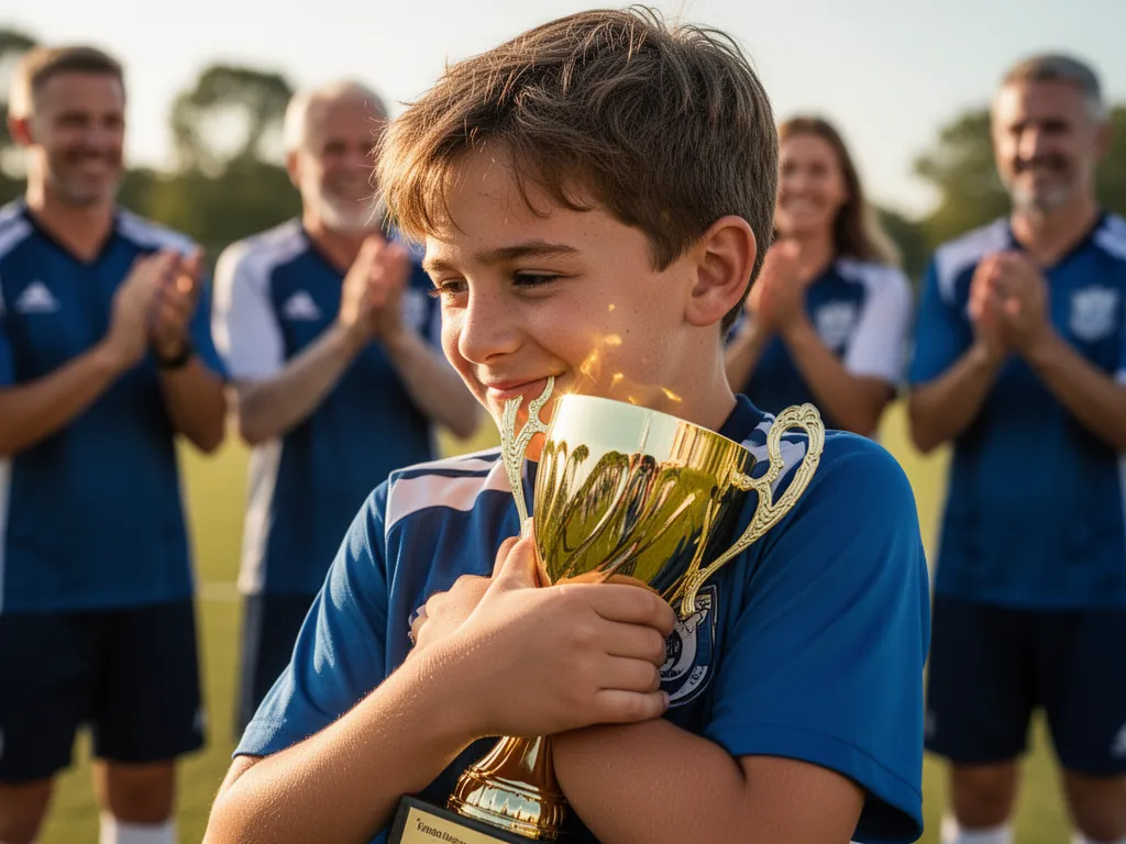 Young athlete holding trophy proudly with emotional expression and cheering teammates visible