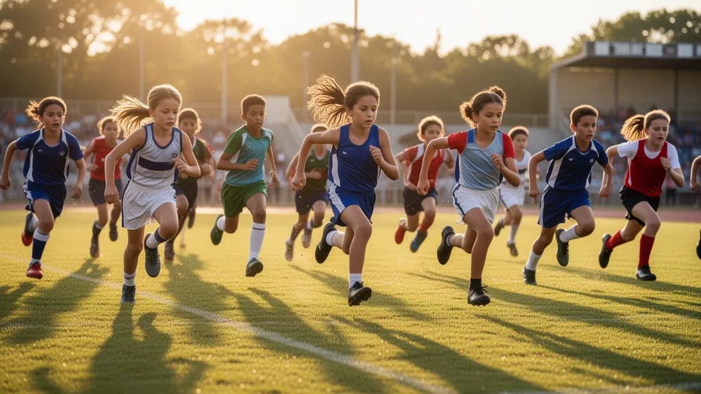 Young athletes from different sports competing together in outdoor field during golden hour sunlight