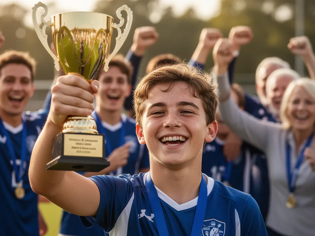 Young athlete smiling proudly while holding trophy with celebrating teammates and parents in soft focus behind