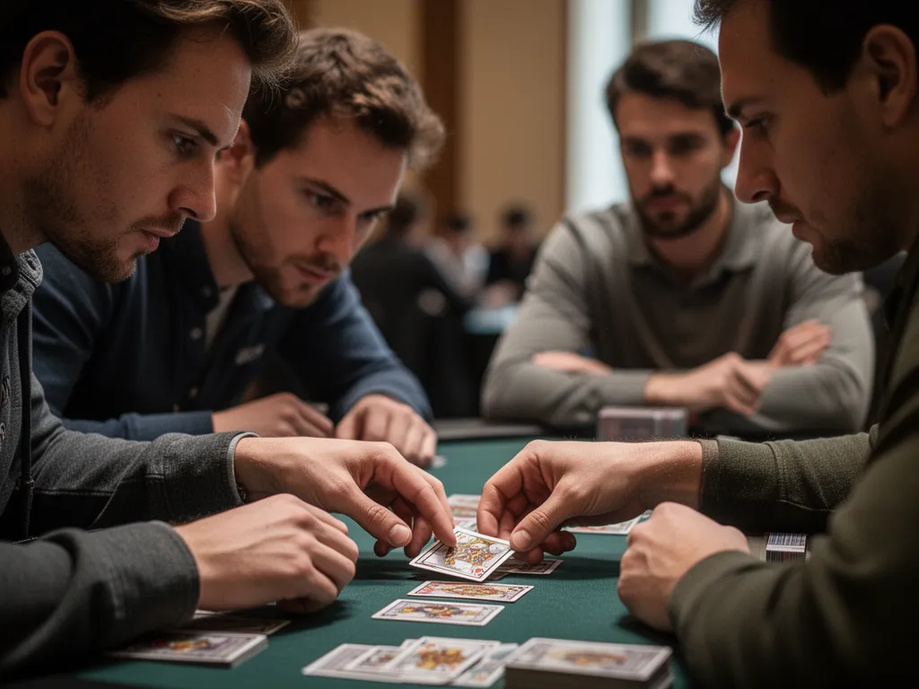[Player's hands precisely positioning cards during gameplay with opponent watching intently across tournament table]