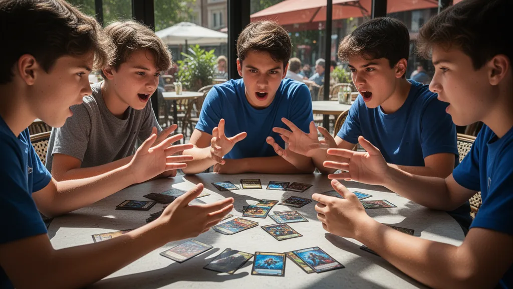 Young card game players seated at table engaged in intense strategy session with natural lighting