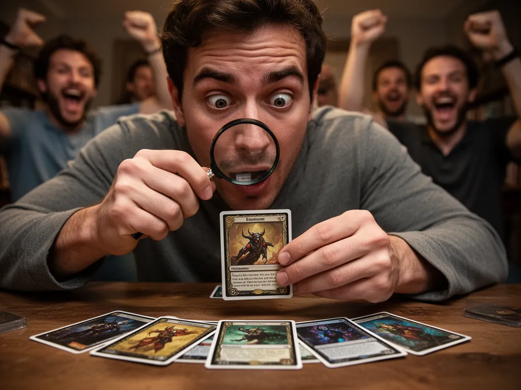 Player examines rare trading card closely while teammates celebrate in blurred background