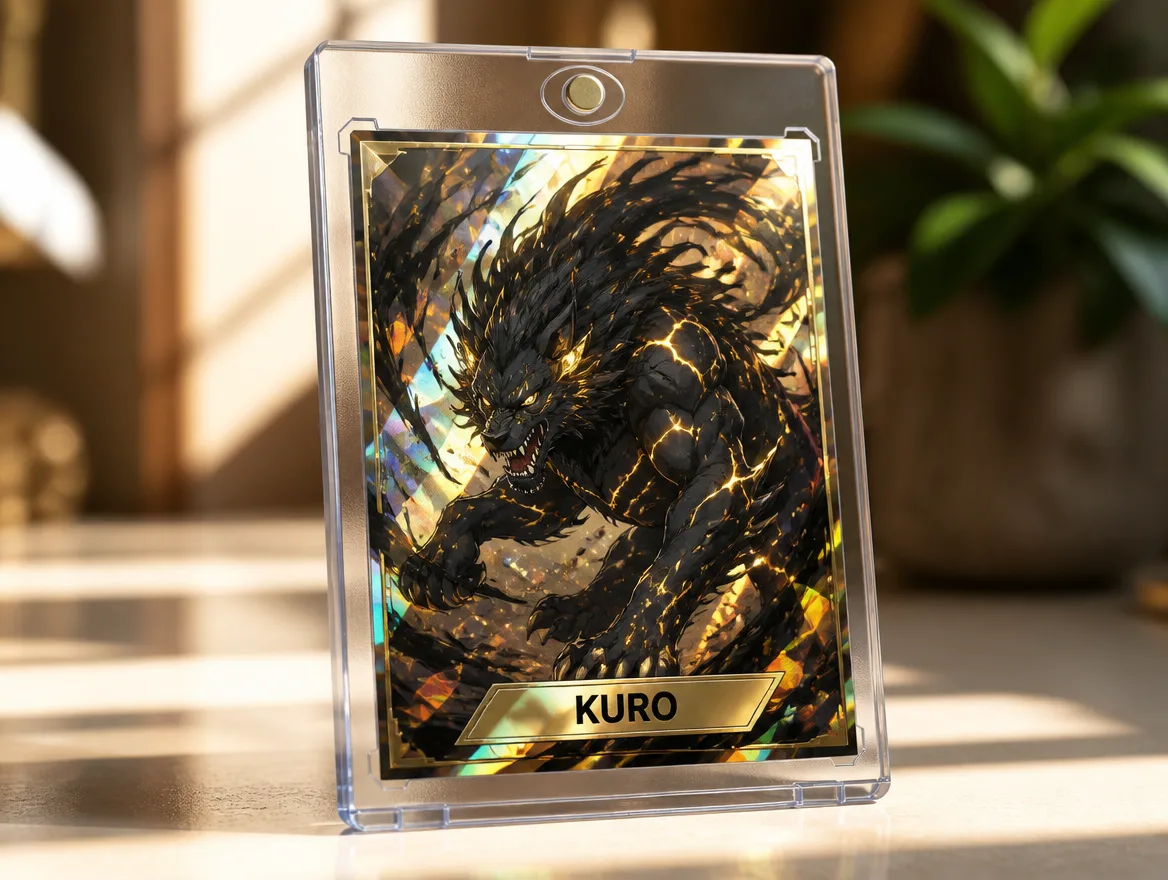 Custom monster trading card displayed in a premium magnetic case