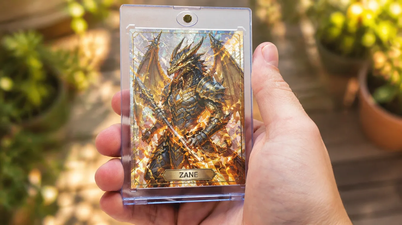 Custom anime monster trading card, made with the Yugioh card designer, held in a magnetic case