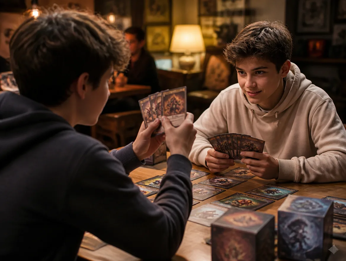 Teens dueling with their own custom anime-style monster trading cards