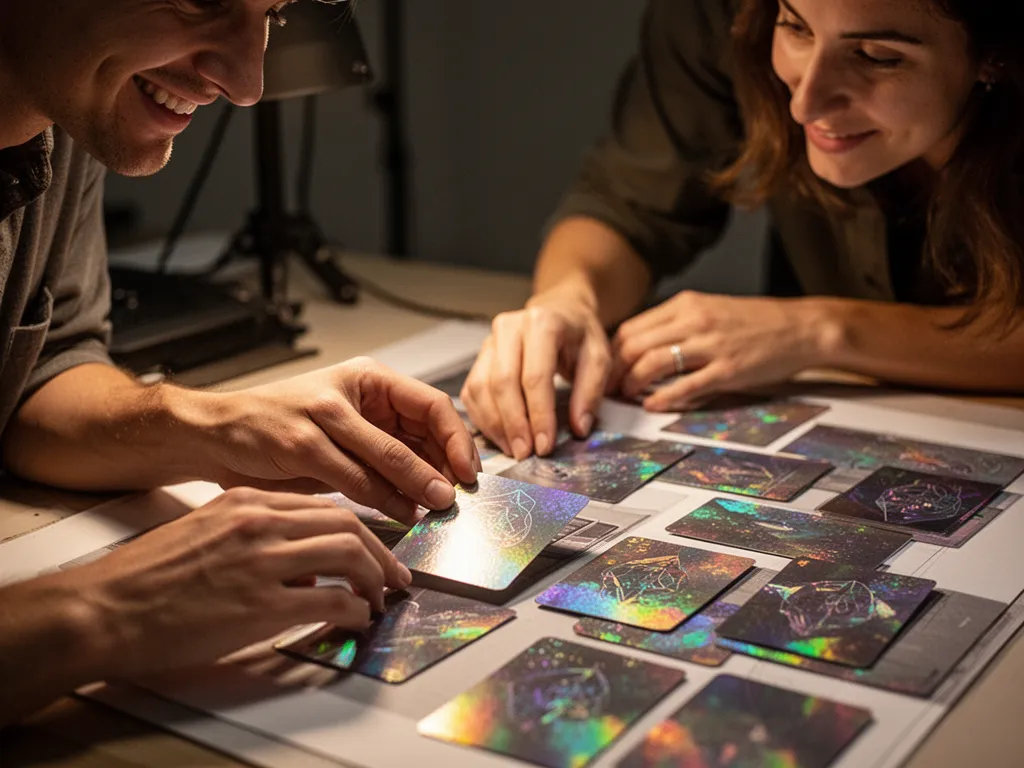 [Designer's hands carefully positioning premium cards while collaborating with team member in creative studio]