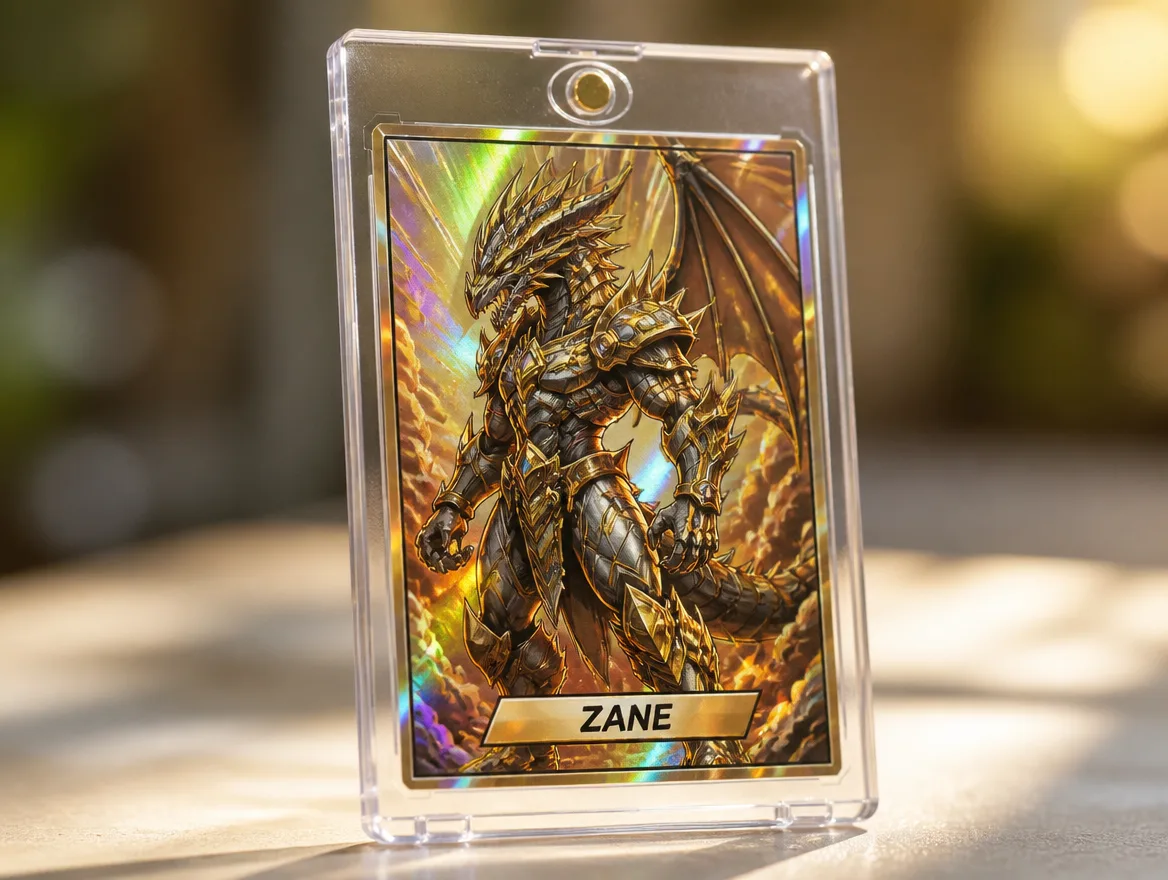 Custom anime monster trading card standing in a clear magnetic display case