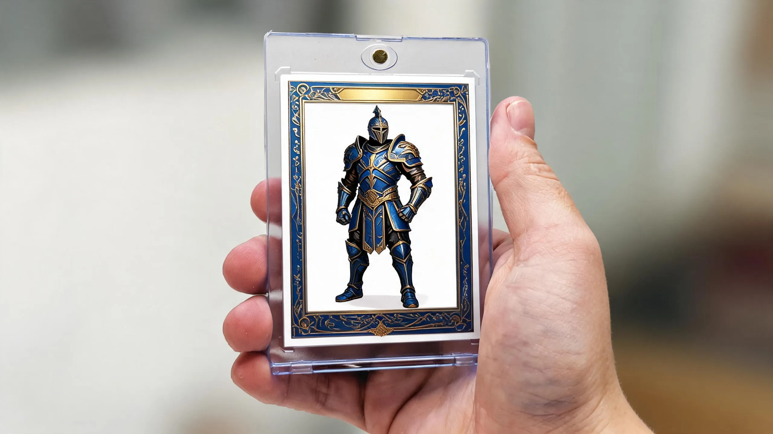 Hand holding a magnetic case with an illustrated yugioh card generator fantasy trading card design.