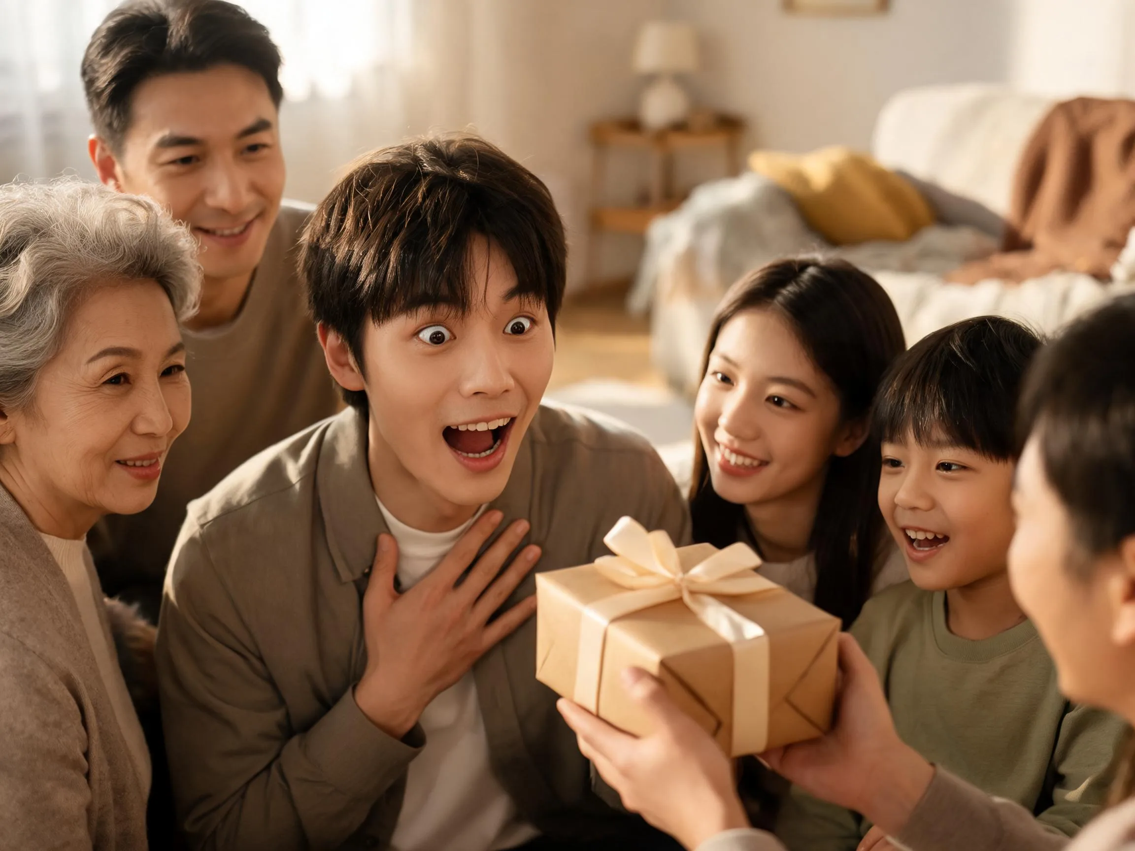 Family member reacting with genuine surprise while being handed an unexpected wrapped gift.