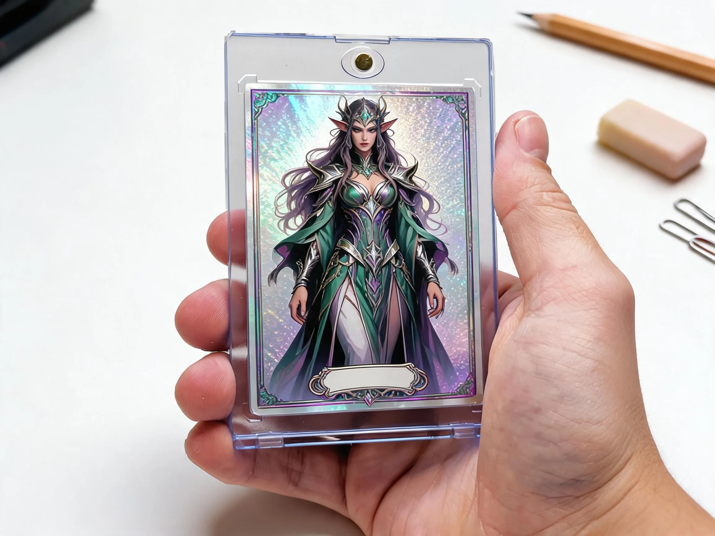 Custom keepsake trading card with holographic foil design displayed in magnetic case.