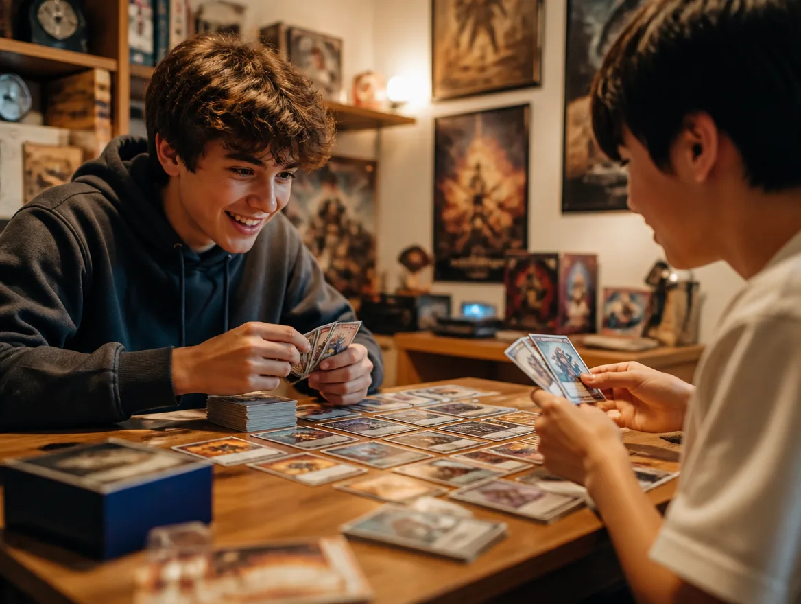 Teens dueling with custom anime-style monster trading cards