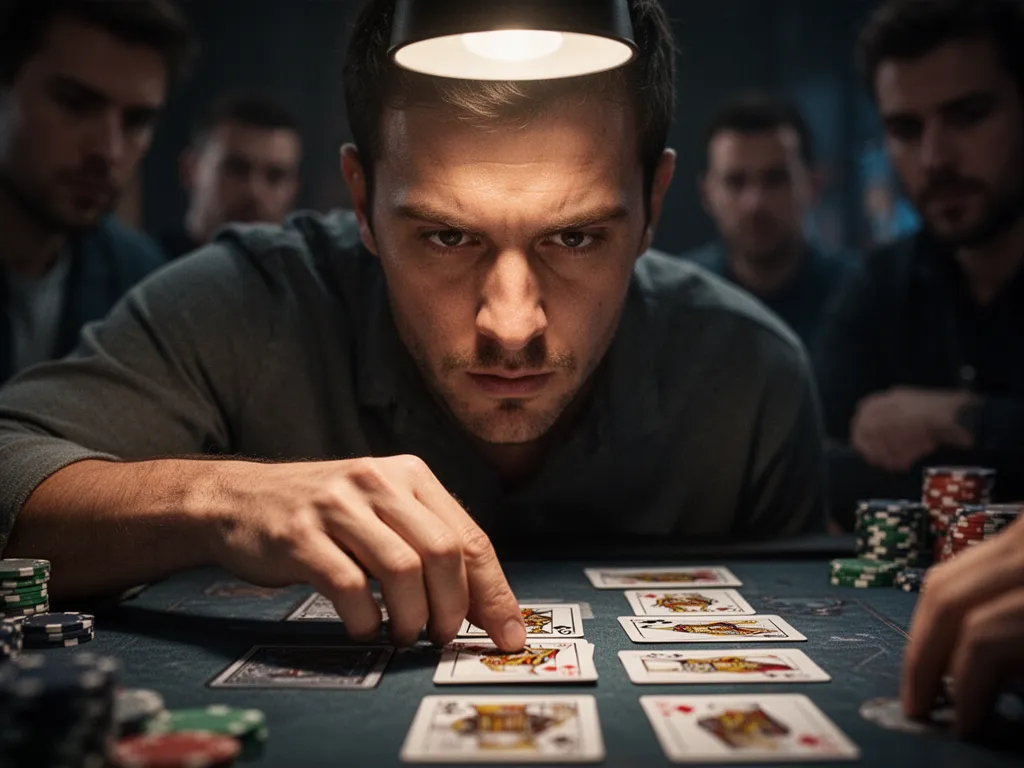 Player showing intense focus while making strategic card placement decision during championship match.