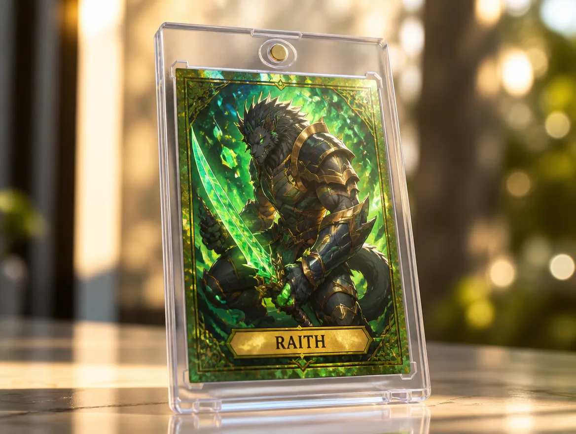 Custom anime monster trading card displayed in a premium clear magnetic case
