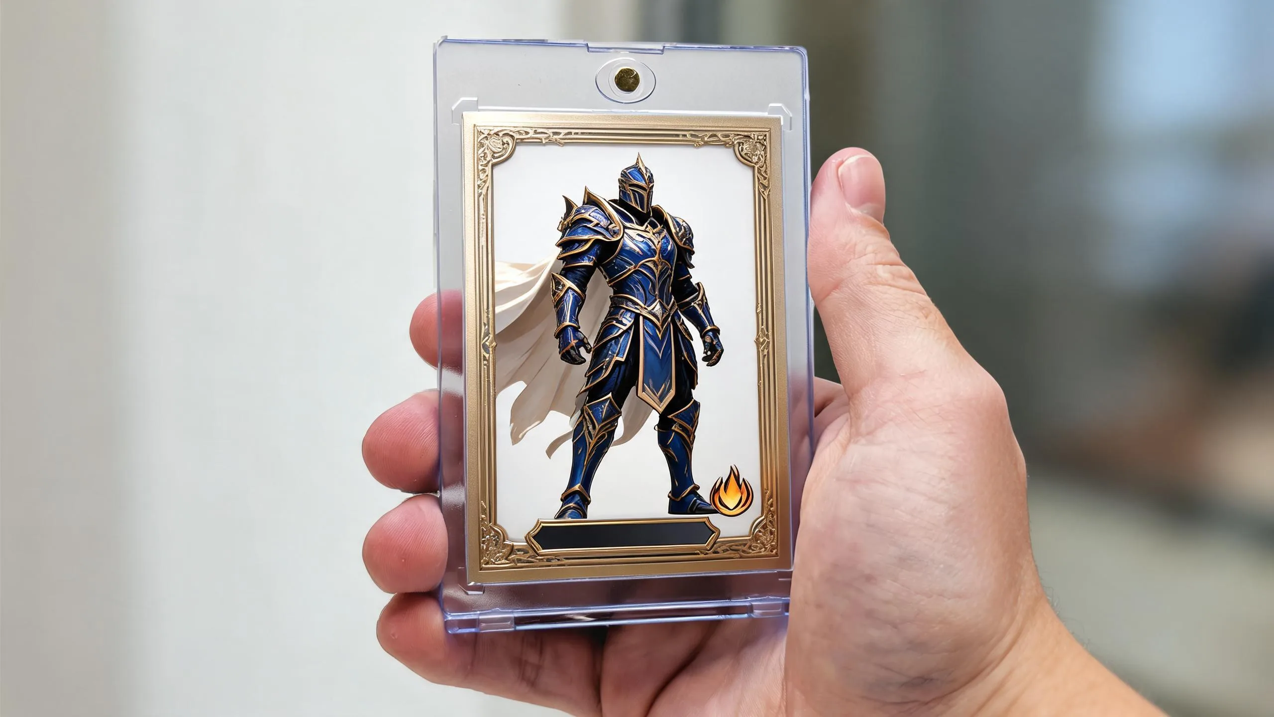 Hand holding a magnetic case with a custom yugioh card maker online illustrated warrior card.